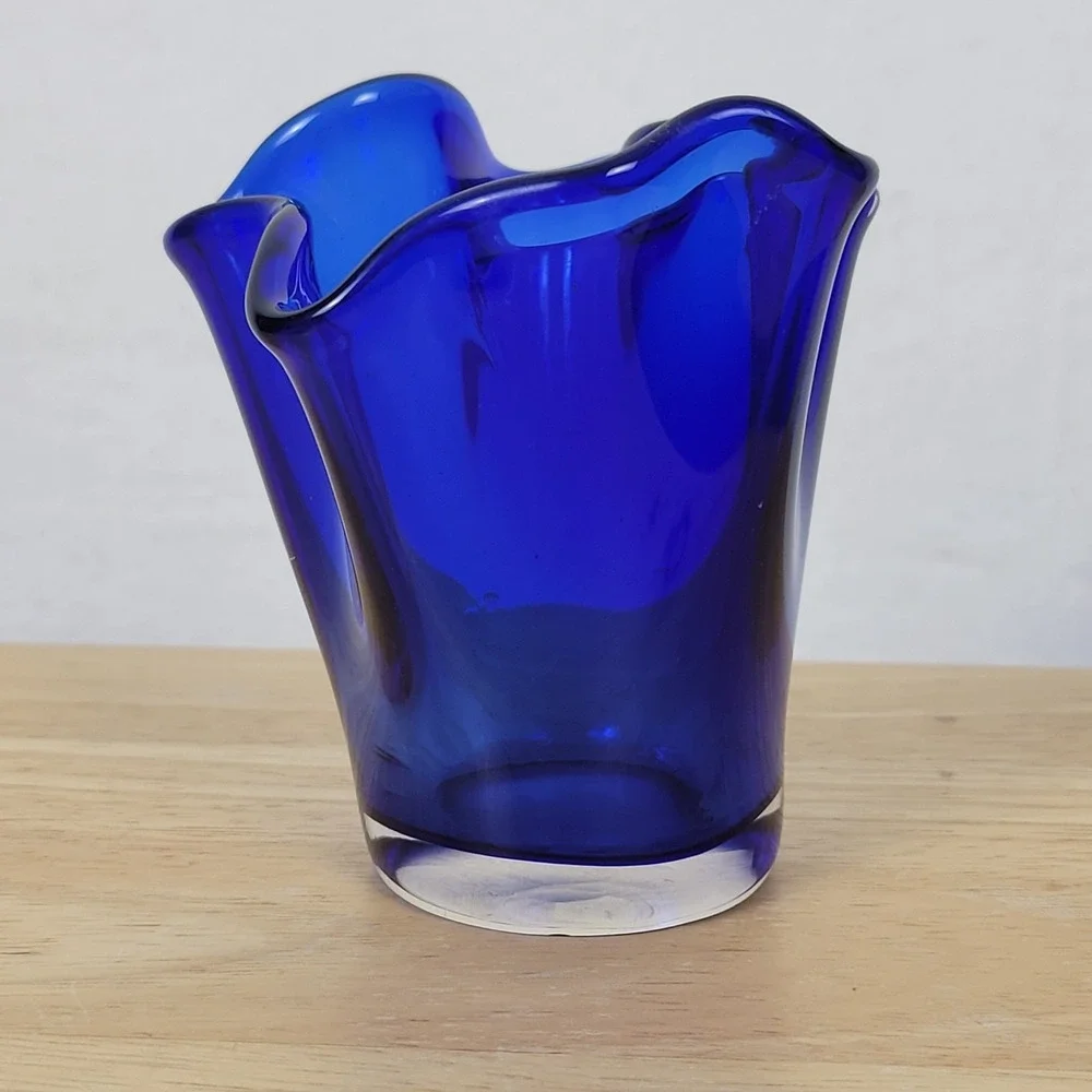 Vintage Cobalt Blue Art Glass Handkerchief Vase Hand Blown Mid Century Style